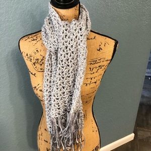 Hand made crochet light grey sparkle scarf -fringe